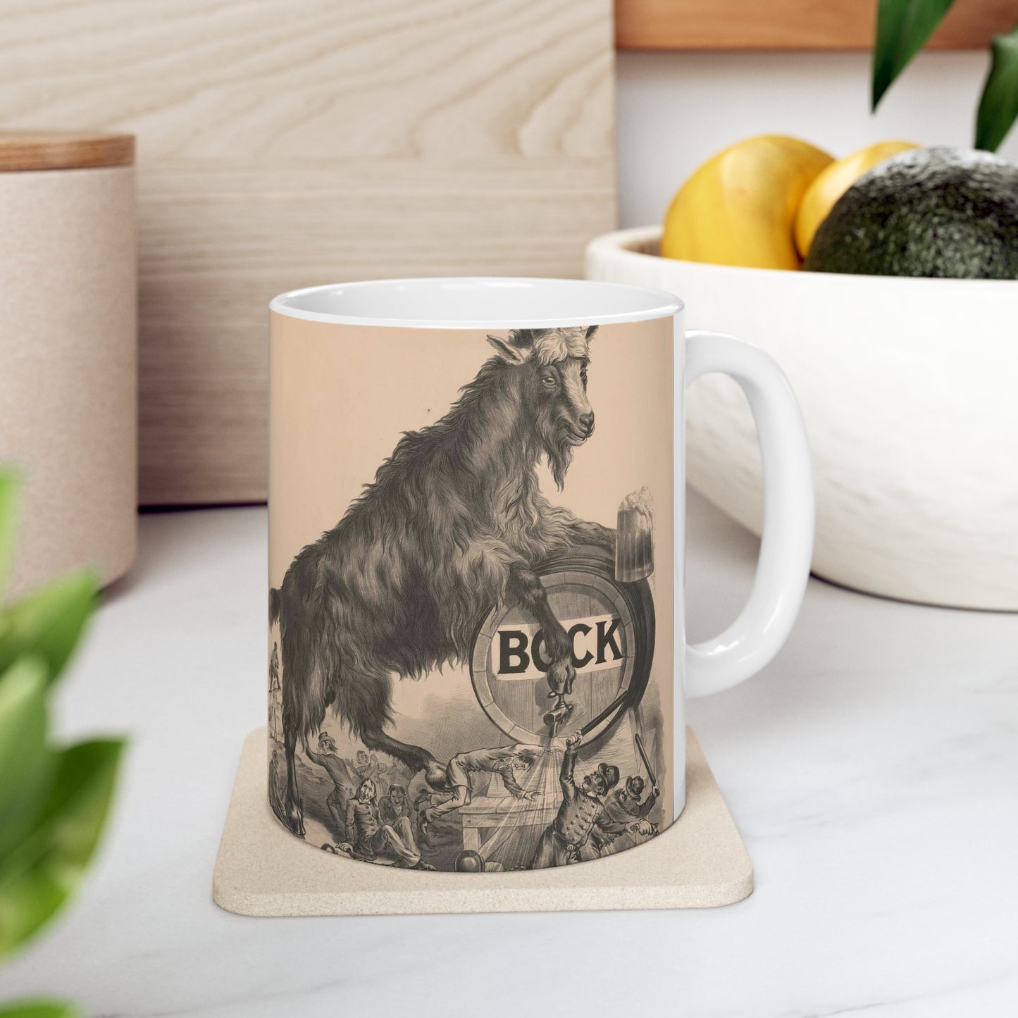 Giant bock goat resting on a keg, holding a mug of beer, men under the goat scrambling Beautiful Novelty Ceramic Coffee Mug 11oz