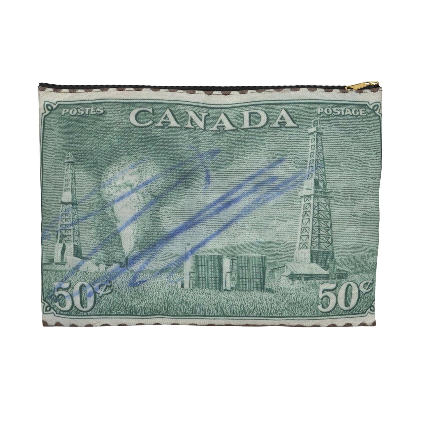 Frimärke ur Gösta Bodmans filatelistiska motivsamling, påbörjad 1950.Frimärke från Canada, 1950. Motiv av petroleumutvinning i Alberta. Large Organizer Pouch with Black Zipper