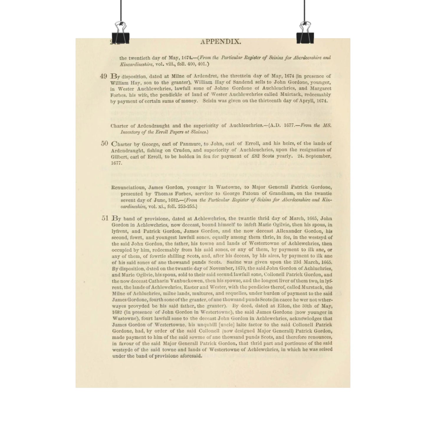 212 APPENDIX.   the twentieth day of May, 1674. — {From the Particular Register of Seisins for Aberdeenshire and  Kincardineshire High Quality Matte Wall Art Poster for Home, Office, Classroom