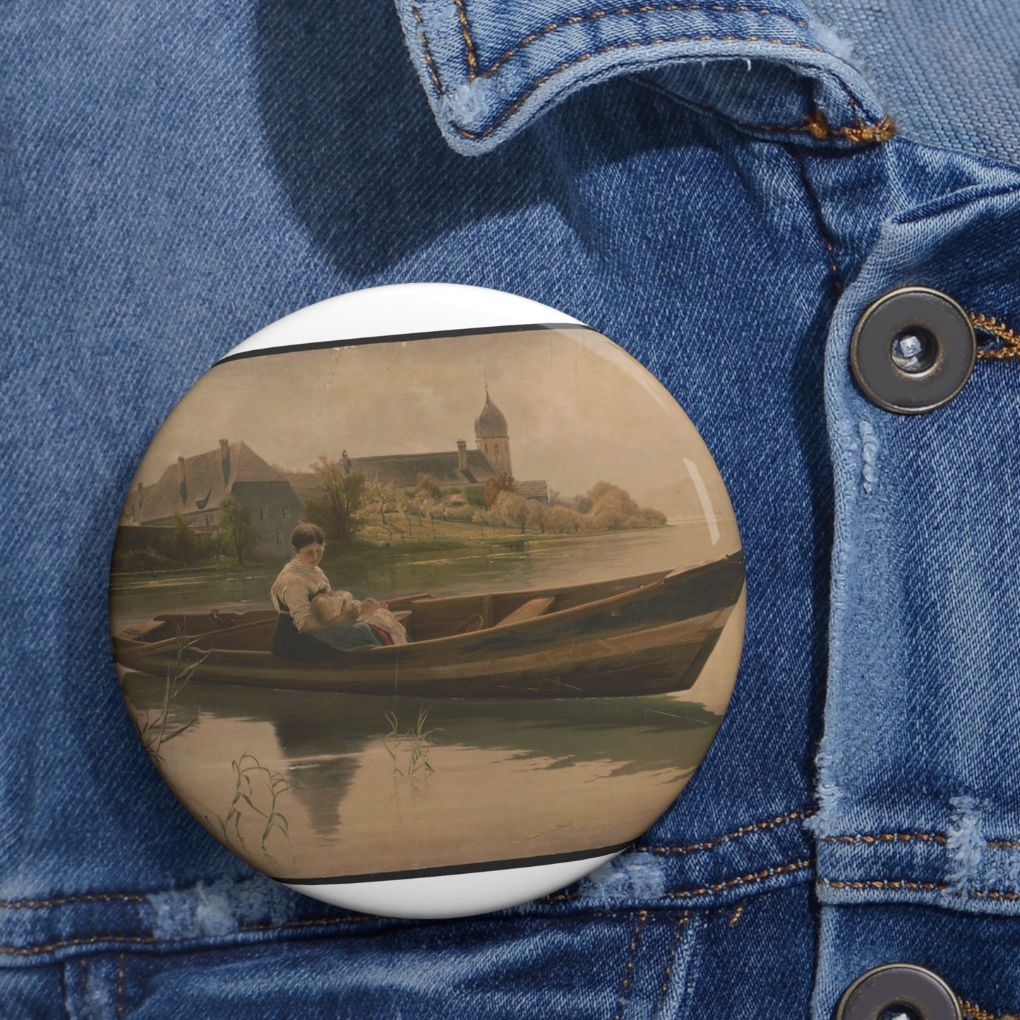 Woman holding infant in rowboat Pin Buttons with Crisp Design