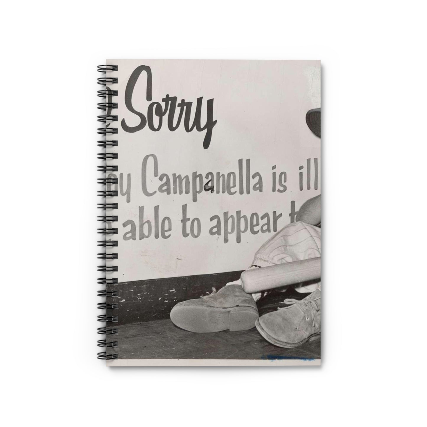 "We're sorry, but Roy Campanella is ill a[nd ...] not be able to appear [...] / World Telegram & Sun photo by Roger Higgins. Spiral Bound Ruled Notebook with Printed Cover