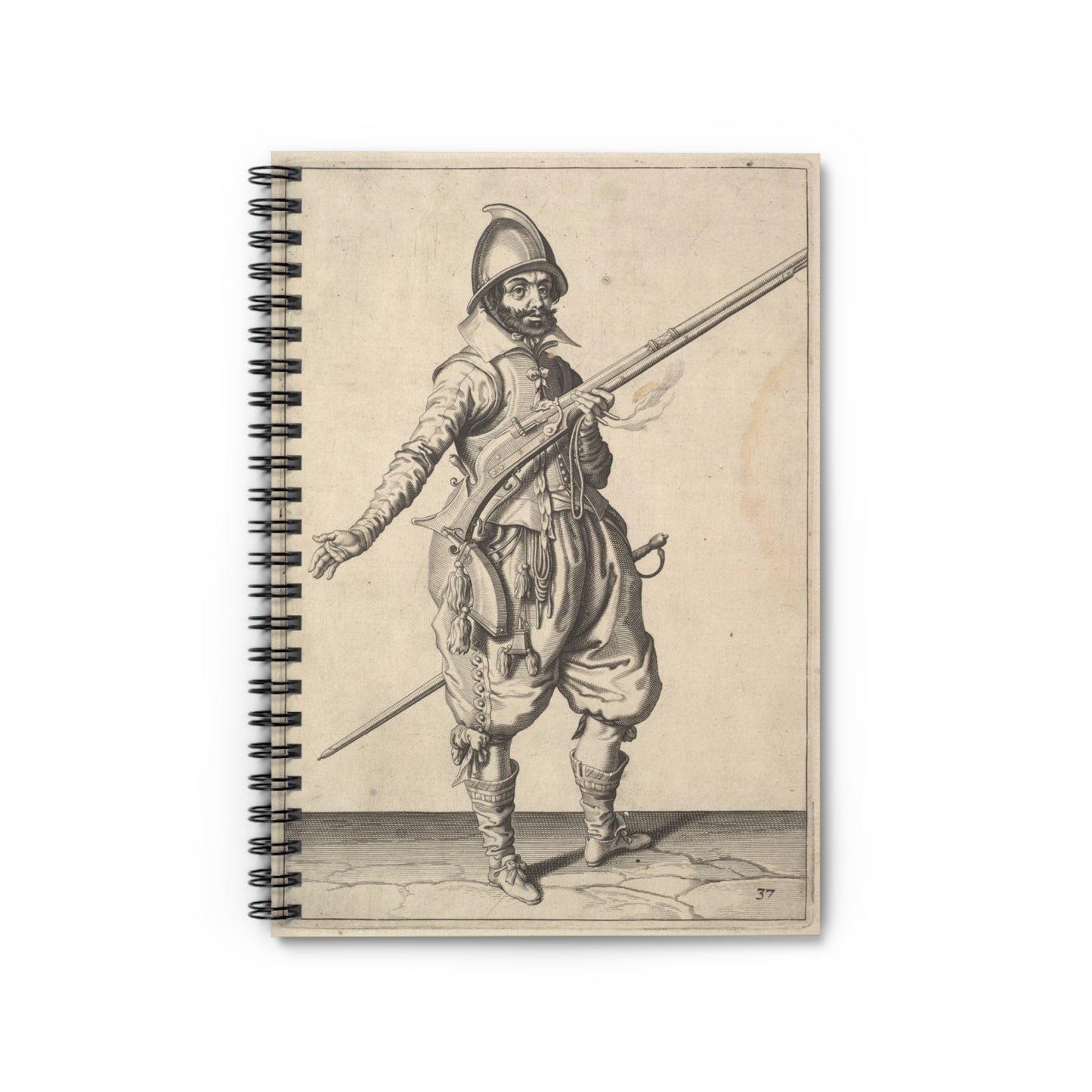 A soldier on guard freeing his right hand, from the Marksmen series, plate 37, in Wapenhandelinghe van Roers Musquetten Ende Spiessen (The Exercise of Arms) Spiral Bound Ruled Notebook with Printed Cover