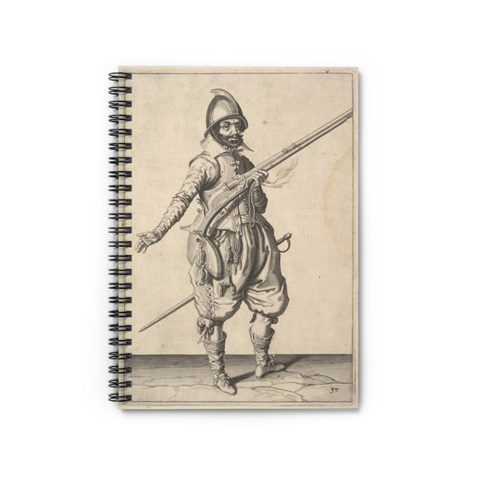 A soldier on guard freeing his right hand, from the Marksmen series, plate 37, in Wapenhandelinghe van Roers Musquetten Ende Spiessen (The Exercise of Arms) Spiral Bound Ruled Notebook with Printed Cover