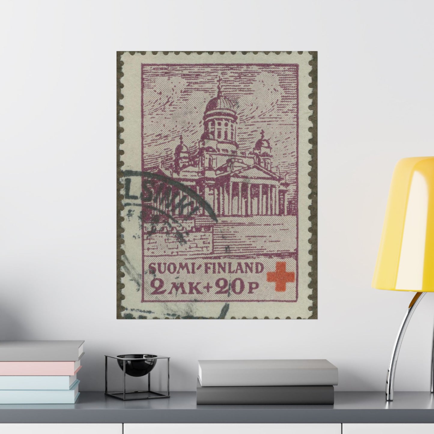 Frimärke ur Gösta Bodmans filatelistiska motivsamling, påbörjad 1950.Frimärke från Finland 1932. Motiv av St. Nicolaus Katedralen i Helsningfors. High Quality Matte Wall Art Poster for Home, Office, Classroom