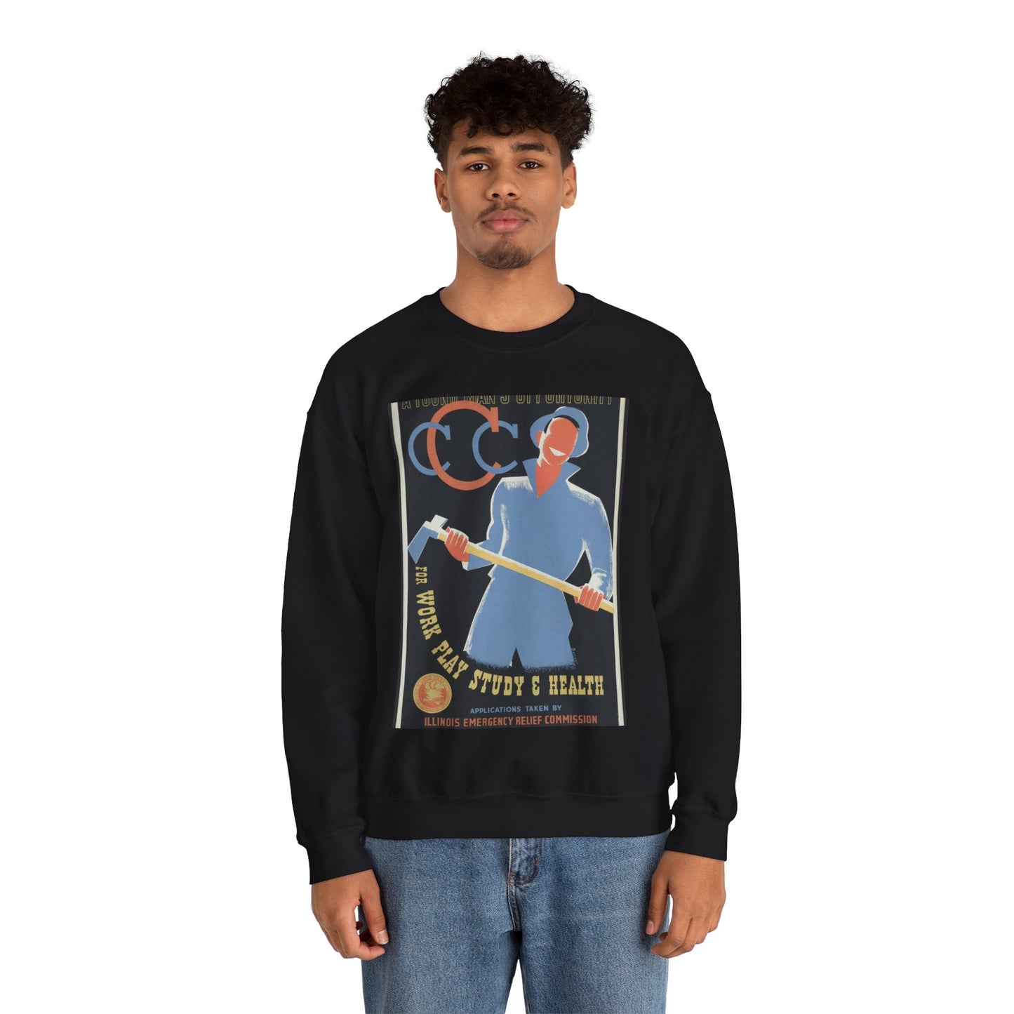 A young man's opportunity for work, play, study & health / Bender ; made by Illinois WPA Art Project, Chicago. Black Heavy Blend Adult Crew Neck SweatShirt