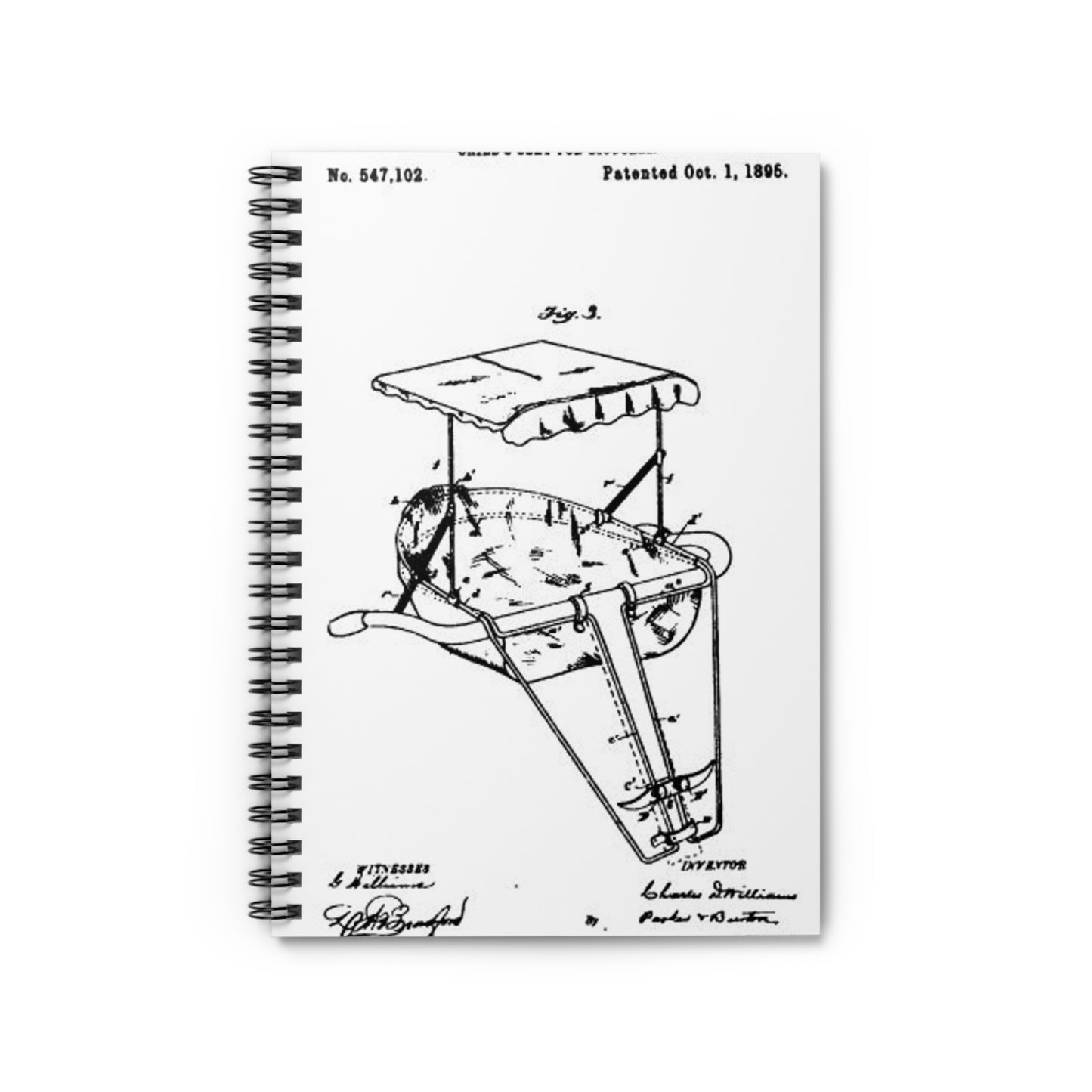 Patent drawing - 1895 Child's bike seat patent Public domain  image Spiral Bound Ruled Notebook with Printed Cover