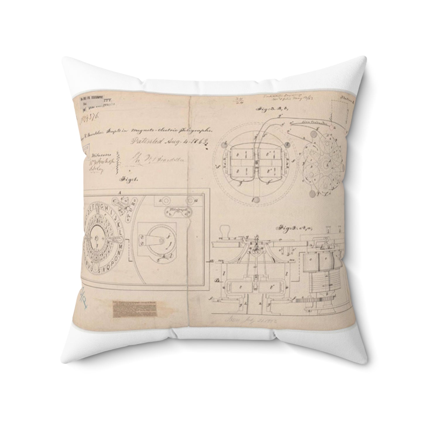 Patent drawing - Drawing of Improvements in Magneto-electric Telegraphs Public domain  image Decorative Accent Square Pillow