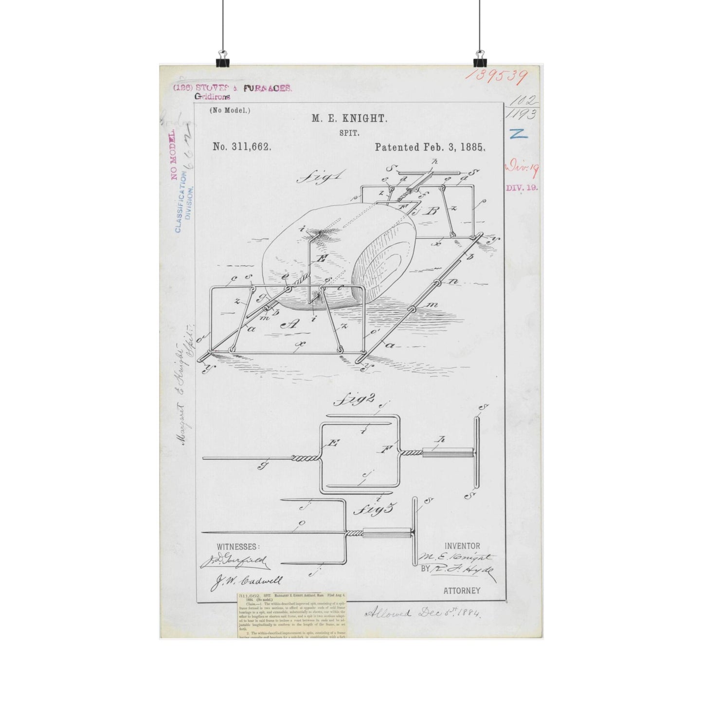 Patent drawing - for M. E. Knight's Spit Public domain  image High Quality Matte Wall Art Poster for Home, Office, Classroom