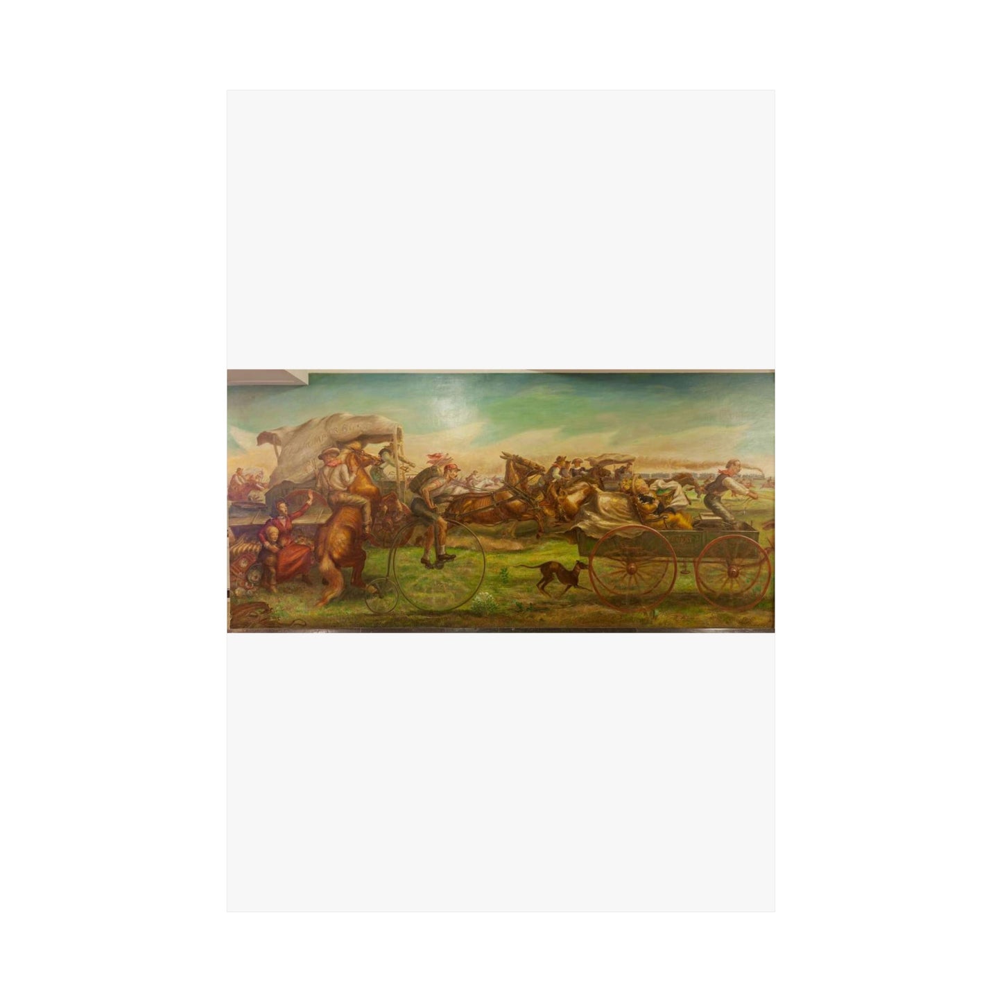 Mural: The Oklahoma Land Rush, April 22, 1889, by John Steuart Curry at the Department of Interior, Washington, D.C. High Quality Matte Wall Art Poster for Home, Office, Classroom