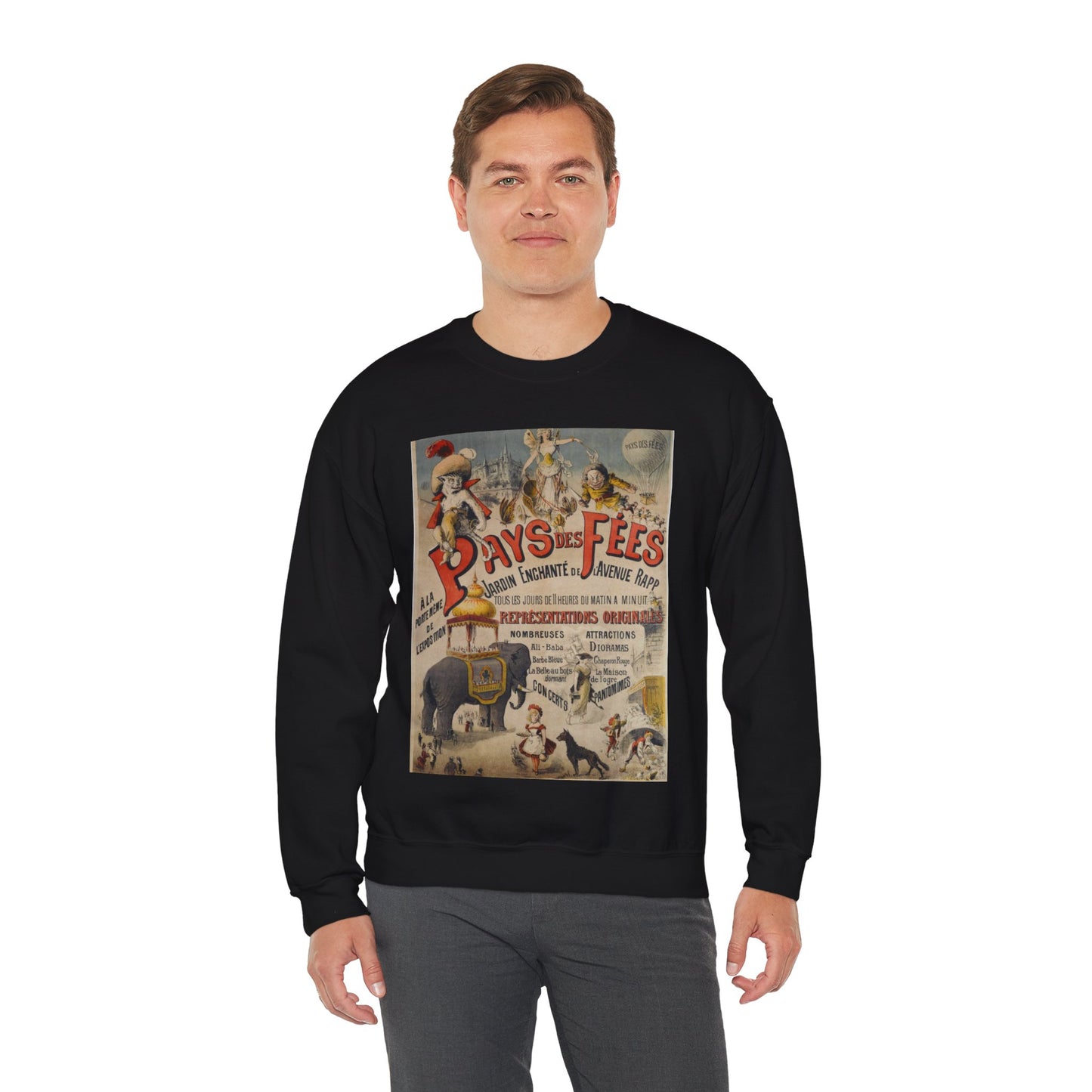 PAYS DES FEES/ JARDIN ENCHANTE DE L'AVENUE RAPP/ TOUS LES JOURS DE 11 HEURES DU MATIN A MINUIT/ REPRESENTATIONS ORIGINALES/ NOMBREUSES ATTRACTIONS/ DIORAMAS Black Heavy Blend Adult Crew Neck SweatShirt