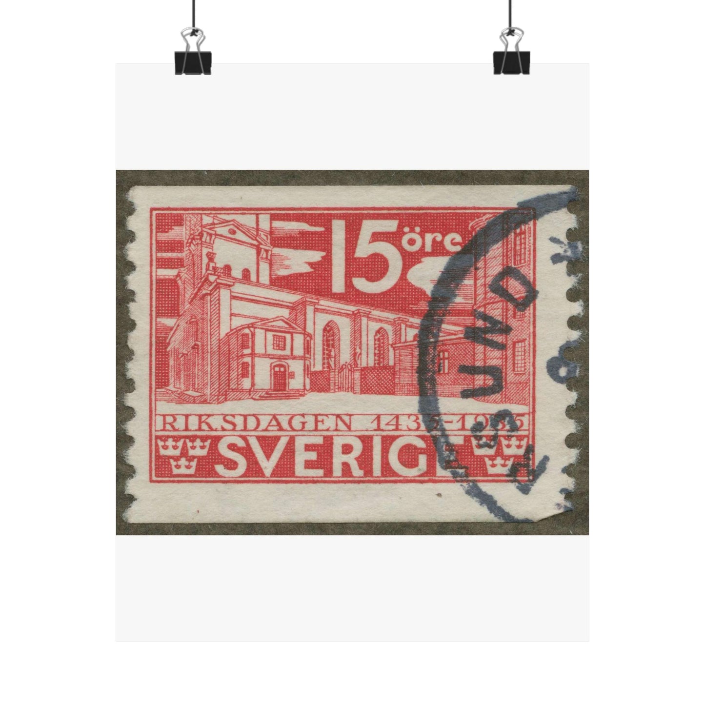 Frimärke ur Gösta Bodmans filatelistiska motivsamling, påbörjad 1950.Frimärke från Sverige. Motiv av Storkyrkan i Stockholm. "Den svenska riksdagen 500 år 1435-1935". High Quality Matte Wall Art Poster for Home, Office, Classroom