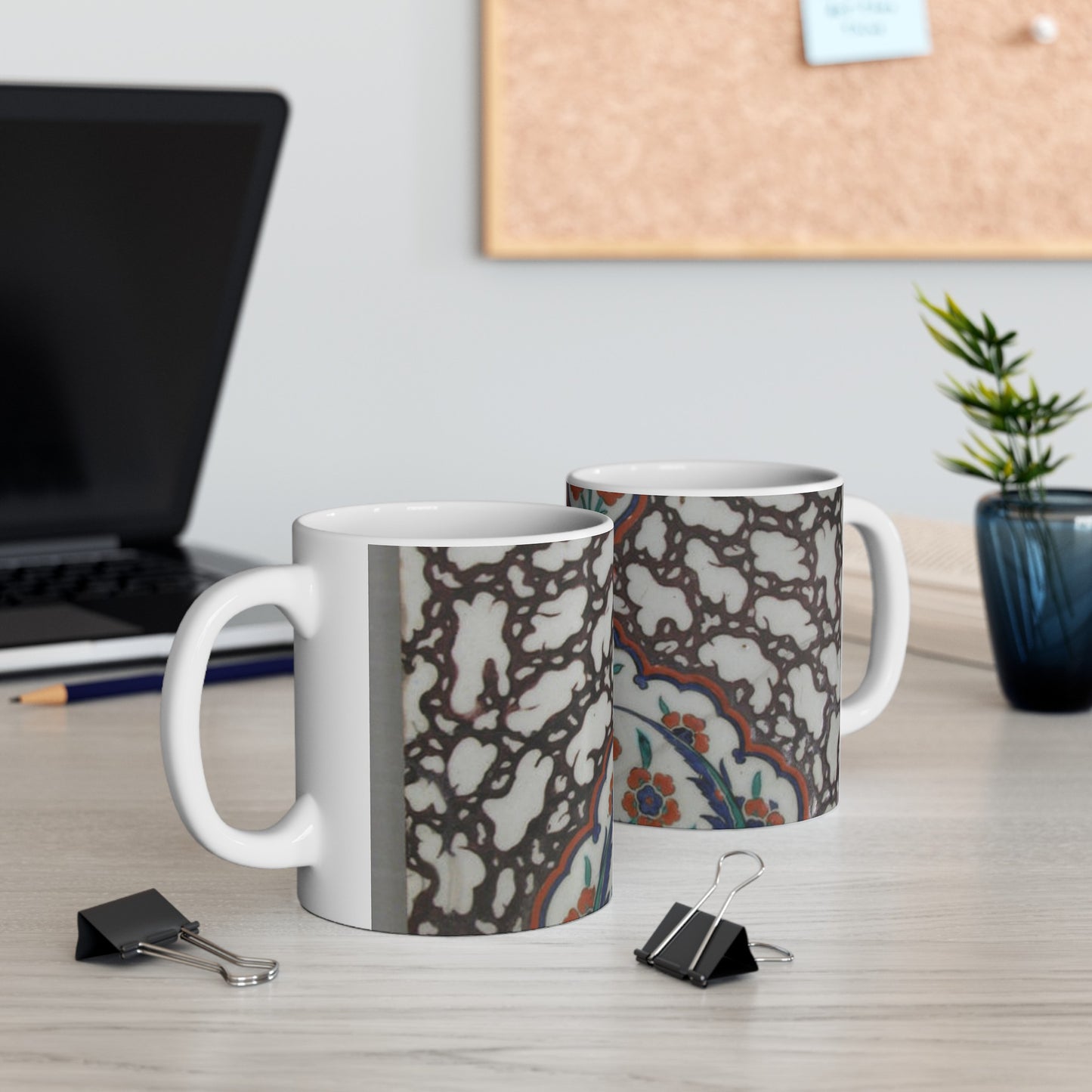 Tile with Floral Cartouche Design on Ebru (Marble Imitation Pattern) Background Beautiful Novelty Ceramic Coffee Mug 11oz