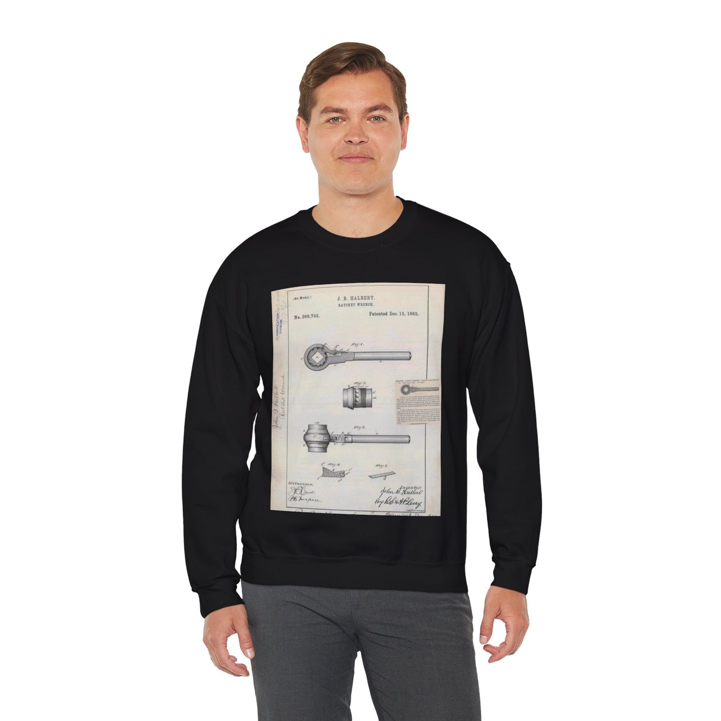 Patent Drawing of Engine - for J. B. Halbert's Ratchet Wrench Public domain  image Black Heavy Blend Adult Crew Neck SweatShirt