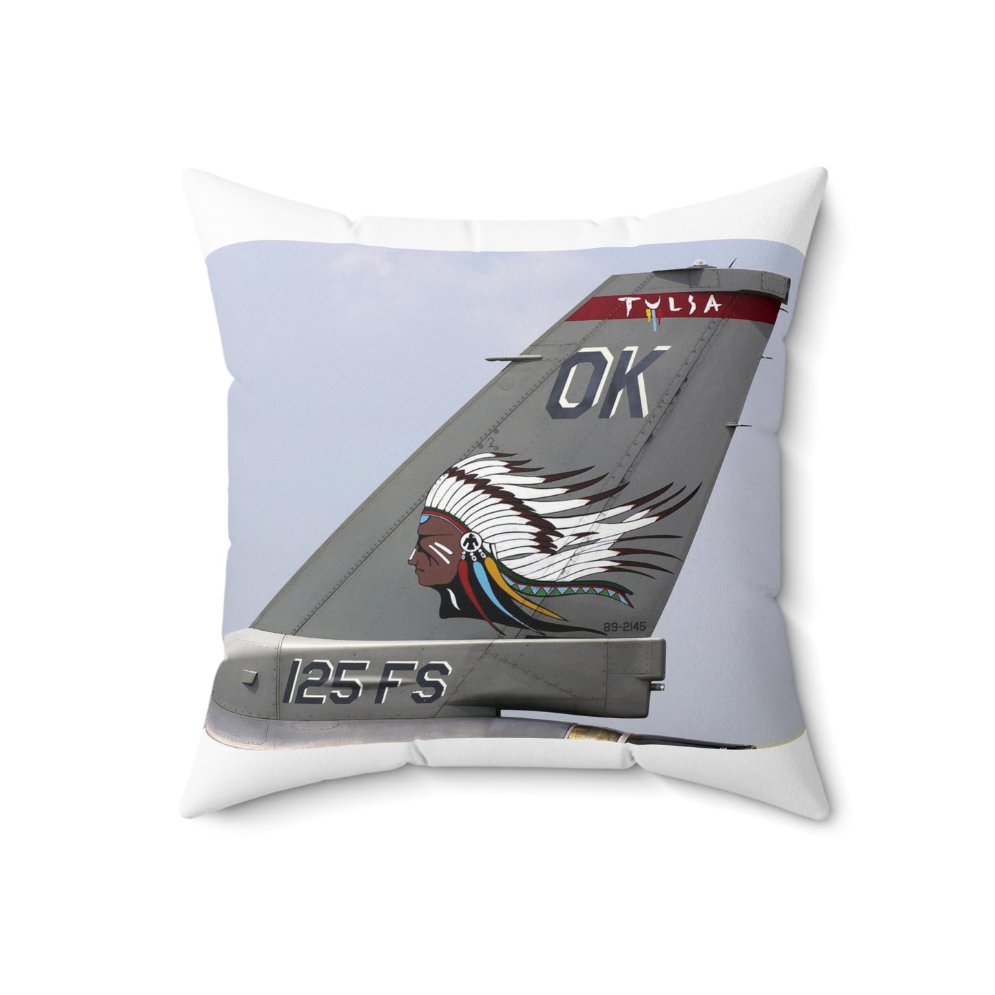 The tail flash of a F-16 Fighting Falcon aircraft from the 125th Fighter Squadron (FS), 138th Fighter Wing (FW), Oklahoma (OK), Air National Guard (ANG) Decorative Accent Square Pillow