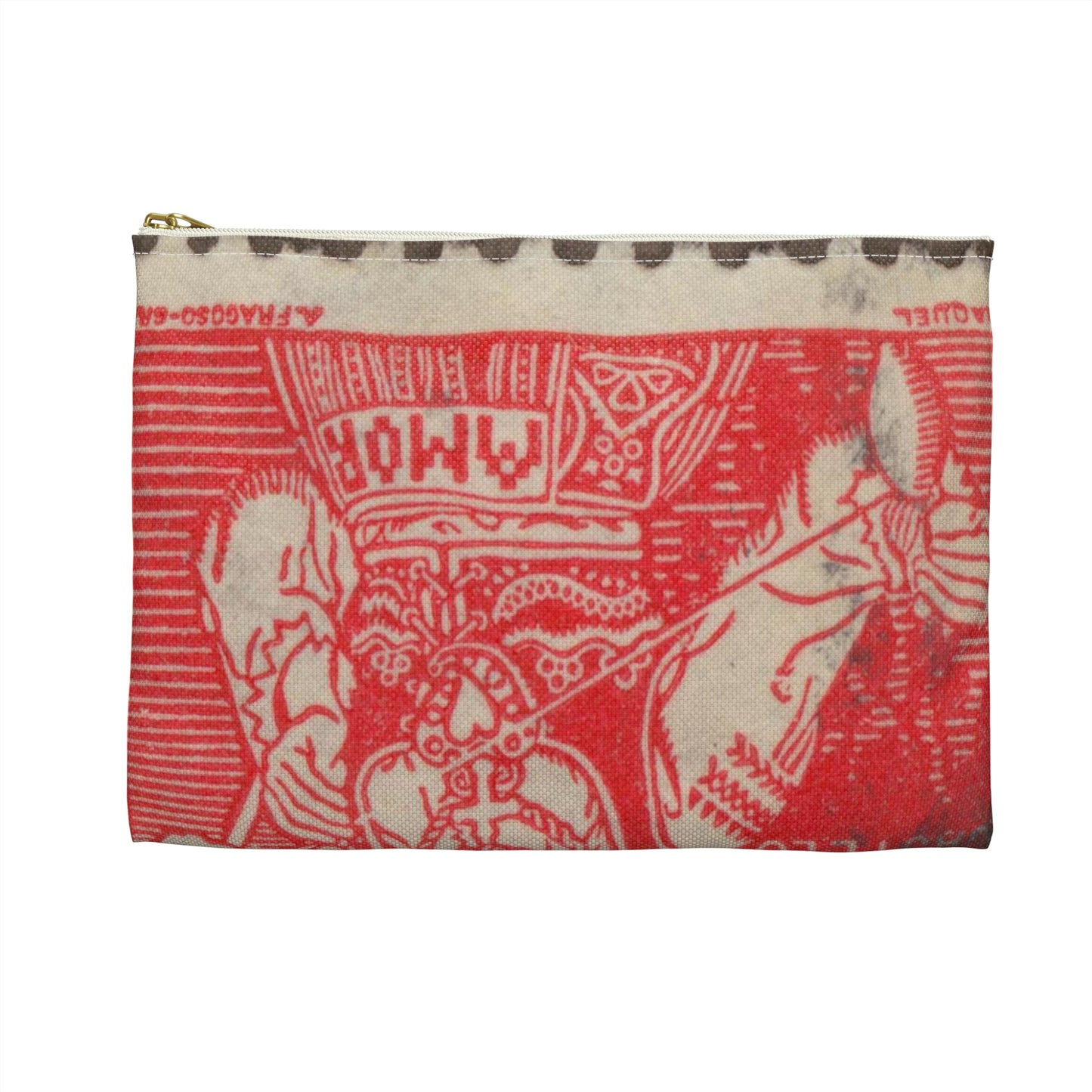 Frimärke ur Gösta Bodmans filatelistiska motivsamling, påbörjad 1950.Frimärke frånPortugal, 1941. Motiv av garnspinnande med slända. "Kvinna från Viana do Castelo". Large Organizer Pouch with Black Zipper