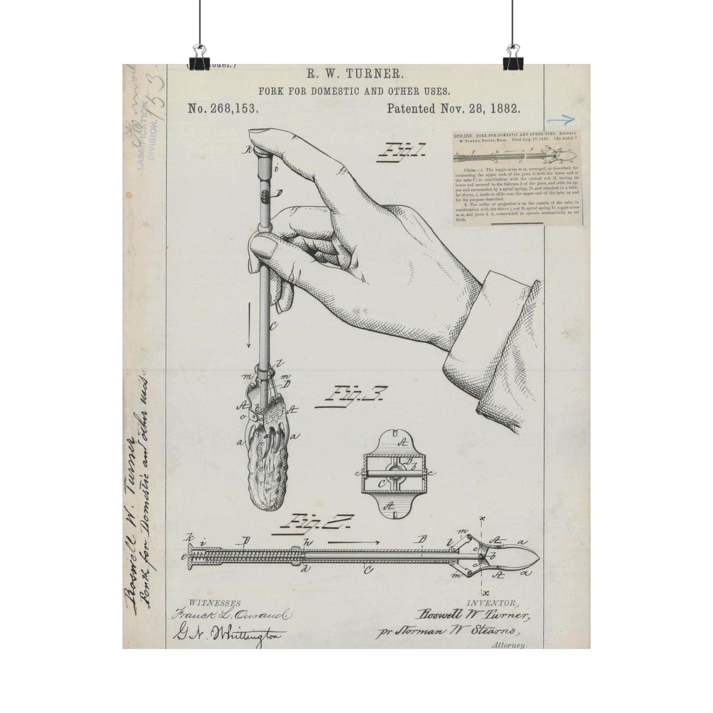 Patent drawing - for R. W. Turner's Fork for Domestic and Other Uses Public domain  image High Quality Matte Wall Art Poster for Home, Office, Classroom