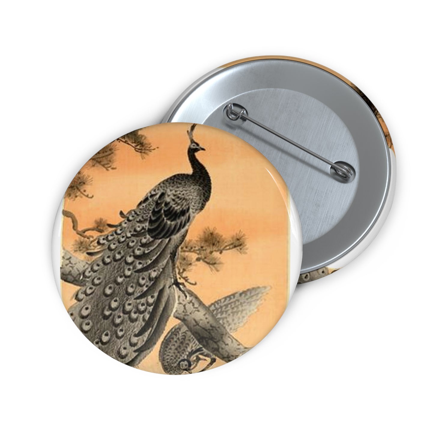 Koson - peacock-and-hen, Ohara Koson Pin Buttons with Crisp Design