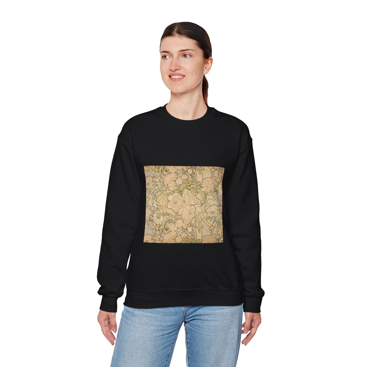 Alphonse Mucha - Peonies - Google Art Project Black Heavy Blend Adult Crew Neck SweatShirt