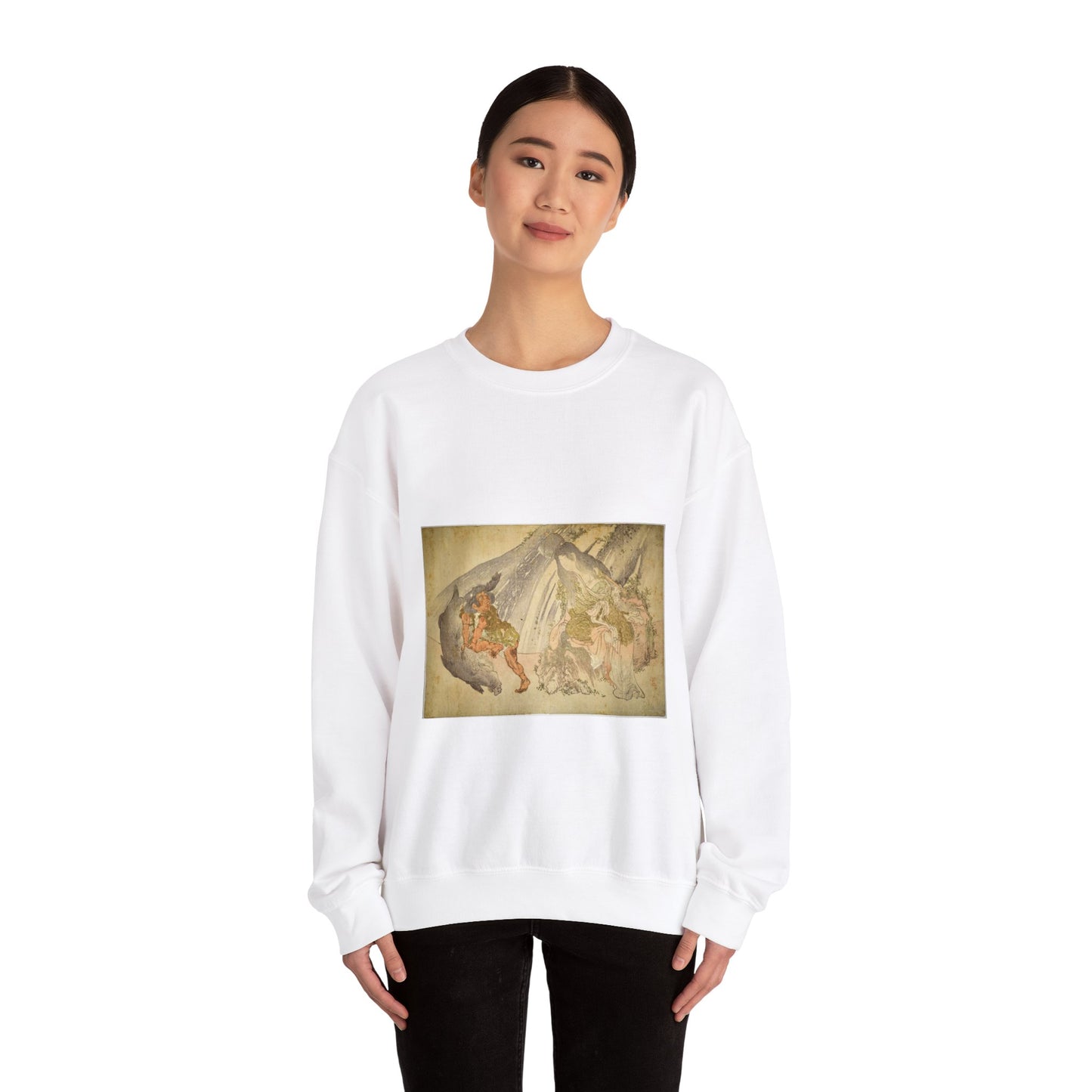 Yamauba watching Kintaro and boar, Kubo Shunman, Kubo Shunman White Heavy Blend Adult Crew Neck SweatShirt