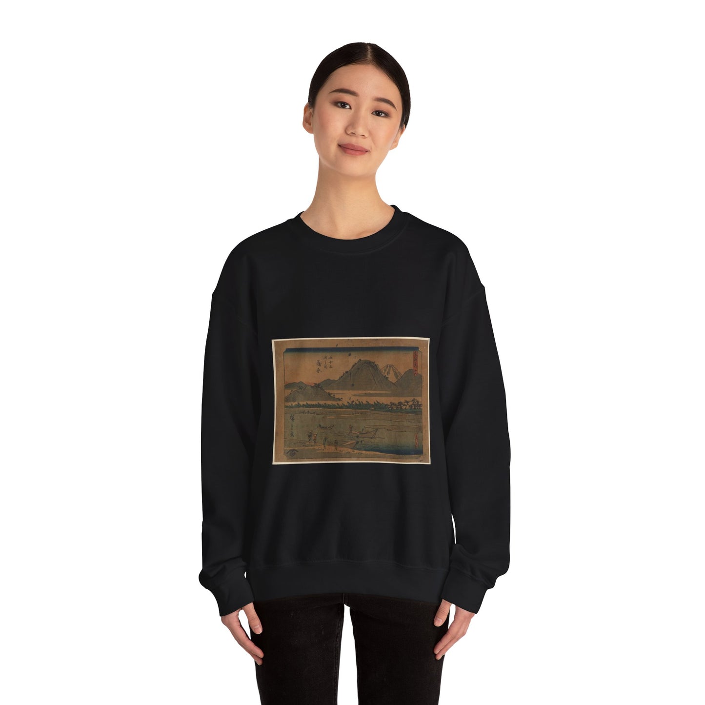 Utagawa Hiroshige - Kanbara, Andō Hiroshige, depicting Mount Fuji Black Heavy Blend Adult Crew Neck SweatShirt