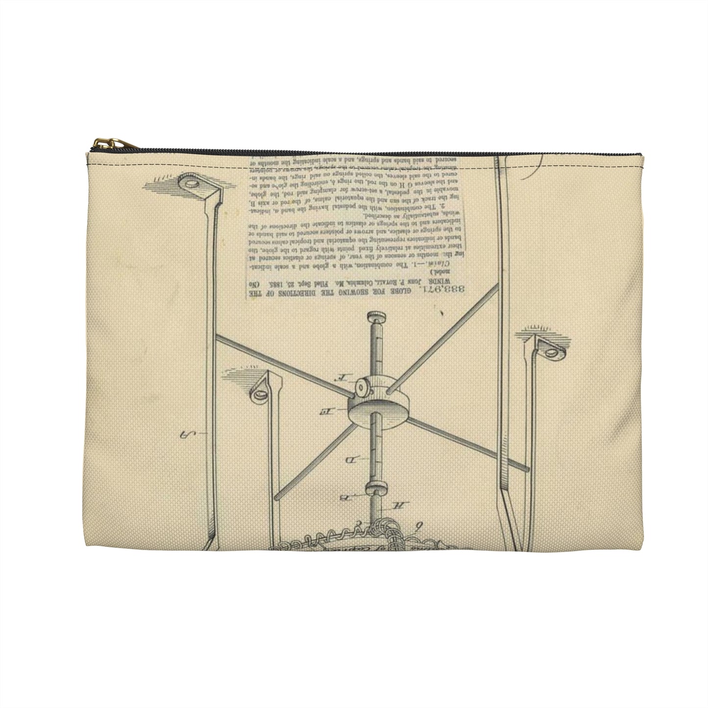 Patent Drawing of Engine - Drawing of a Globe for Showing Direction of the Winds Public domain  image Large Organizer Pouch with Black Zipper