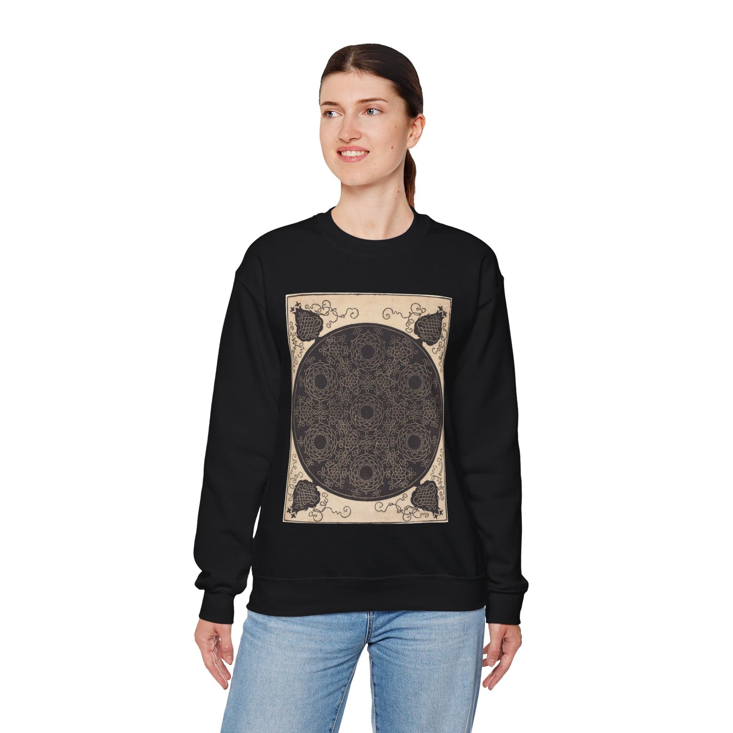 The Fourth Knot (combining seven circular groups of knots with black centers) Black Heavy Blend Adult Crew Neck SweatShirt