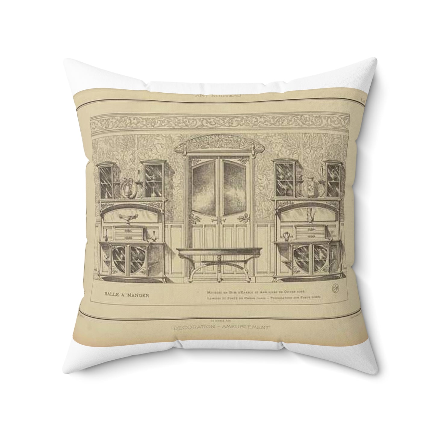 Salle à manger : meubles en bois d'erable et appliques en cuivre doré. Mabris et porte en chêne clair. - Pyrogravure sur fond dorés. Decorative Accent Square Pillow