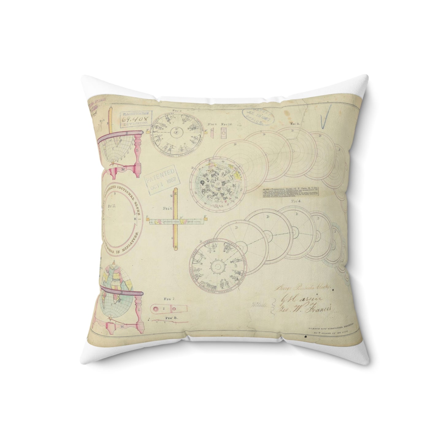 Patent drawing - Drawing of a Terrestrial Globe Public domain  image Decorative Accent Square Pillow