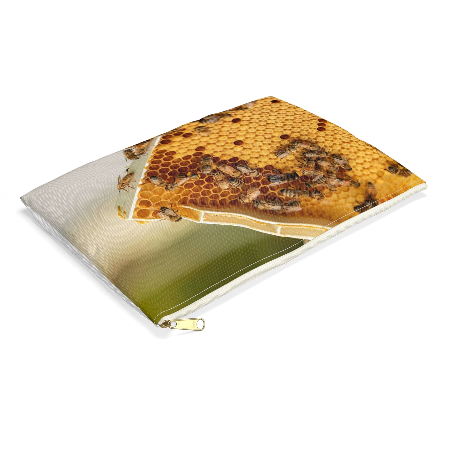 Honey bees transfer pollen to a honeycomb cell. Bee Large Organizer Pouch with Black Zipper