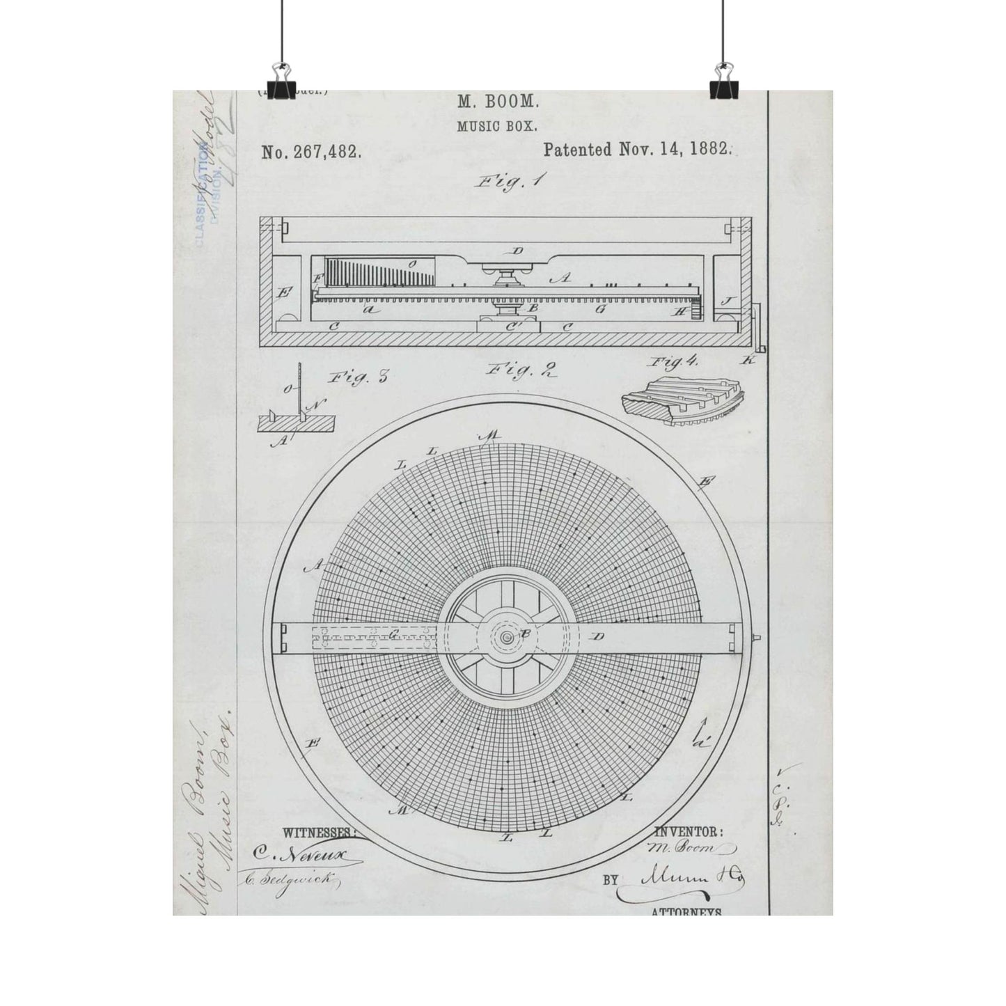 Patent Drawing of Engine - for M. Boom's Music Box Public domain  image High Quality Matte Wall Art Poster for Home, Office, Classroom