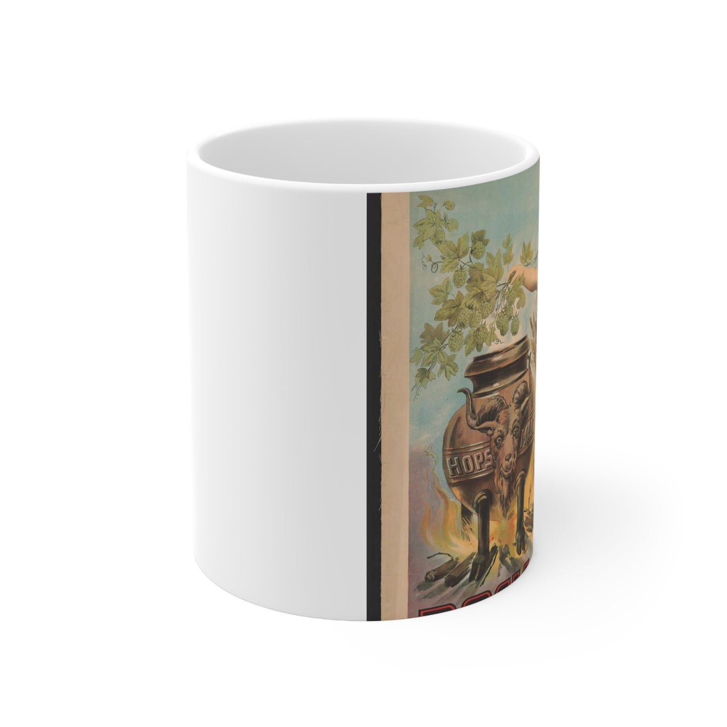 Bock beer boy standing to the right of a vat, which is inscribed hops malt, holding hops over the vat Beautiful Novelty Ceramic Coffee Mug 11oz