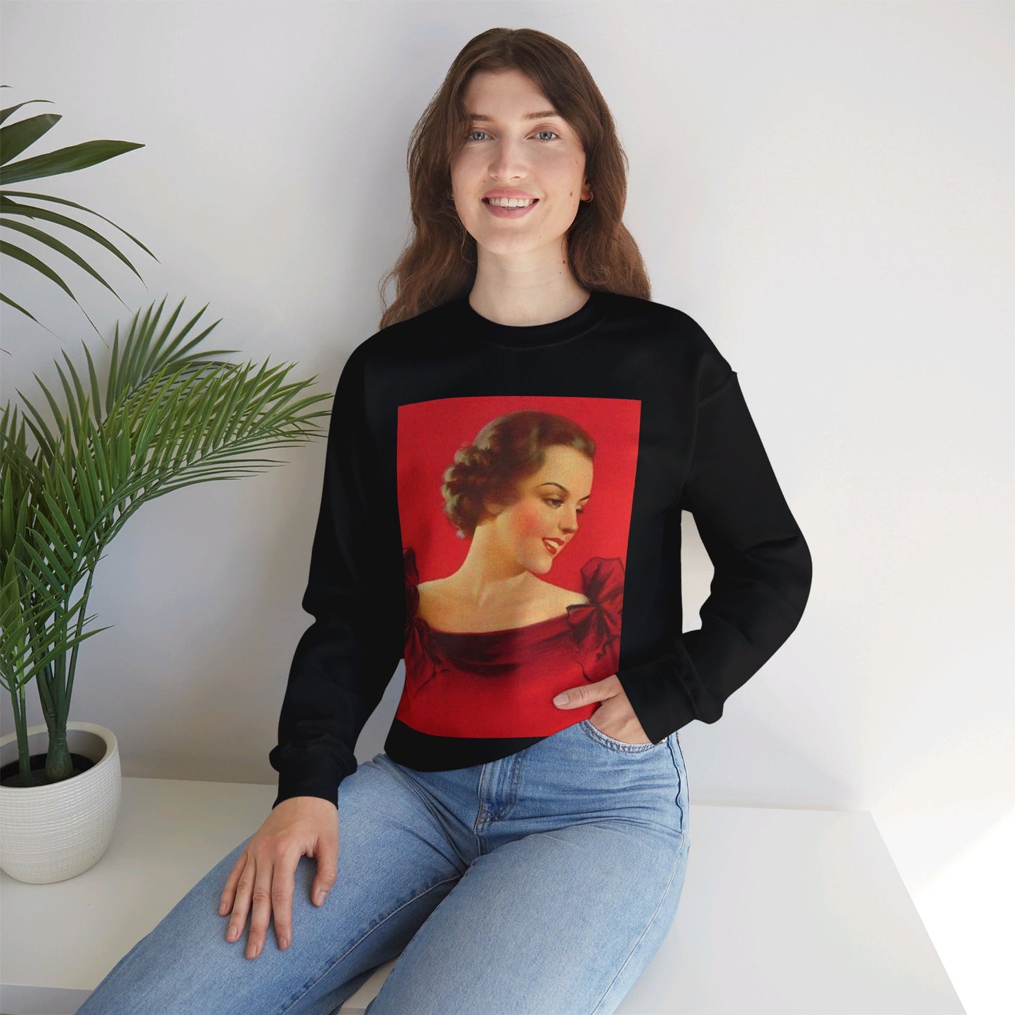 Brunette girl head, red background, painting by Edward Mason Eggleston Black Heavy Blend Adult Crew Neck SweatShirt