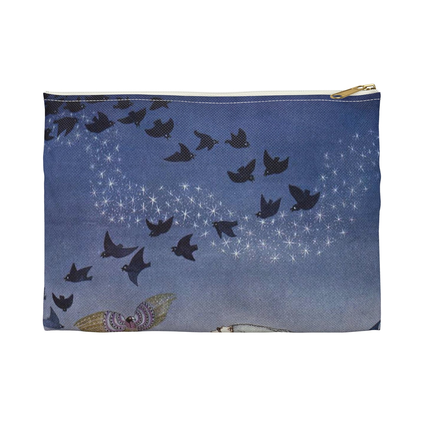 ‘No sooner had he whistled than he heard a whizzing and a whirring from all quarters, and such a large flock of birds swept down that they blackened all the field in which they settled’ (6278219321) Large Organizer Pouch with Black Zipper