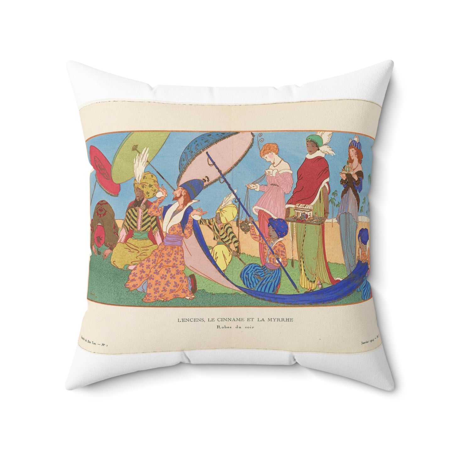 Gazette du Bon Ton, 1914 - No. 1, Pl. I: L'Encens, Le Cinname et la Myrrhe / Robes du soir. Decorative Accent Square Pillow