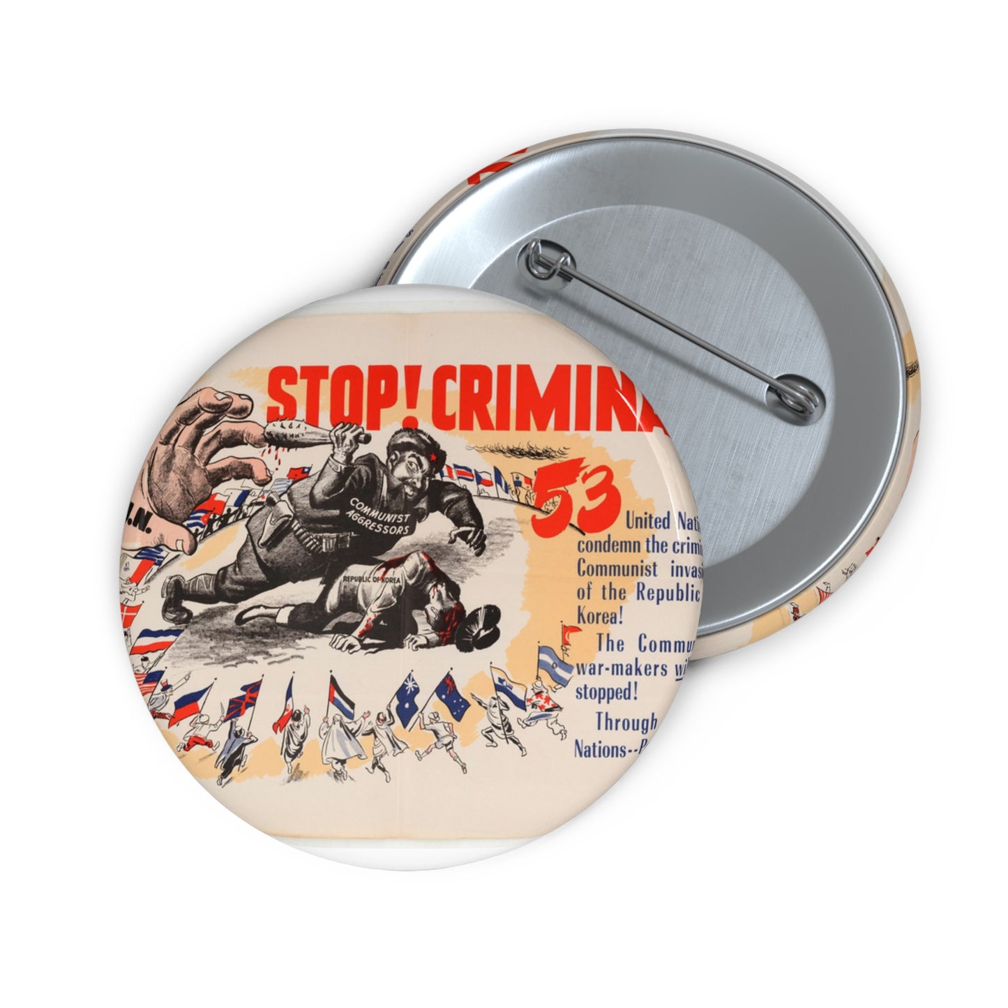 Stop Criminal!, Cold War American Propaganda poster Pin Buttons with Crisp Design