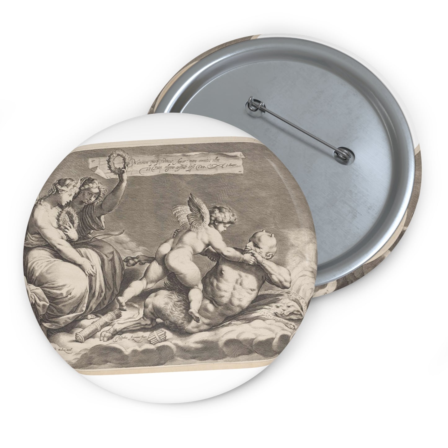 Cupid wrestling with Pan, amongst the clouds, with two allegorical women seated at left Pin Buttons with Crisp Design