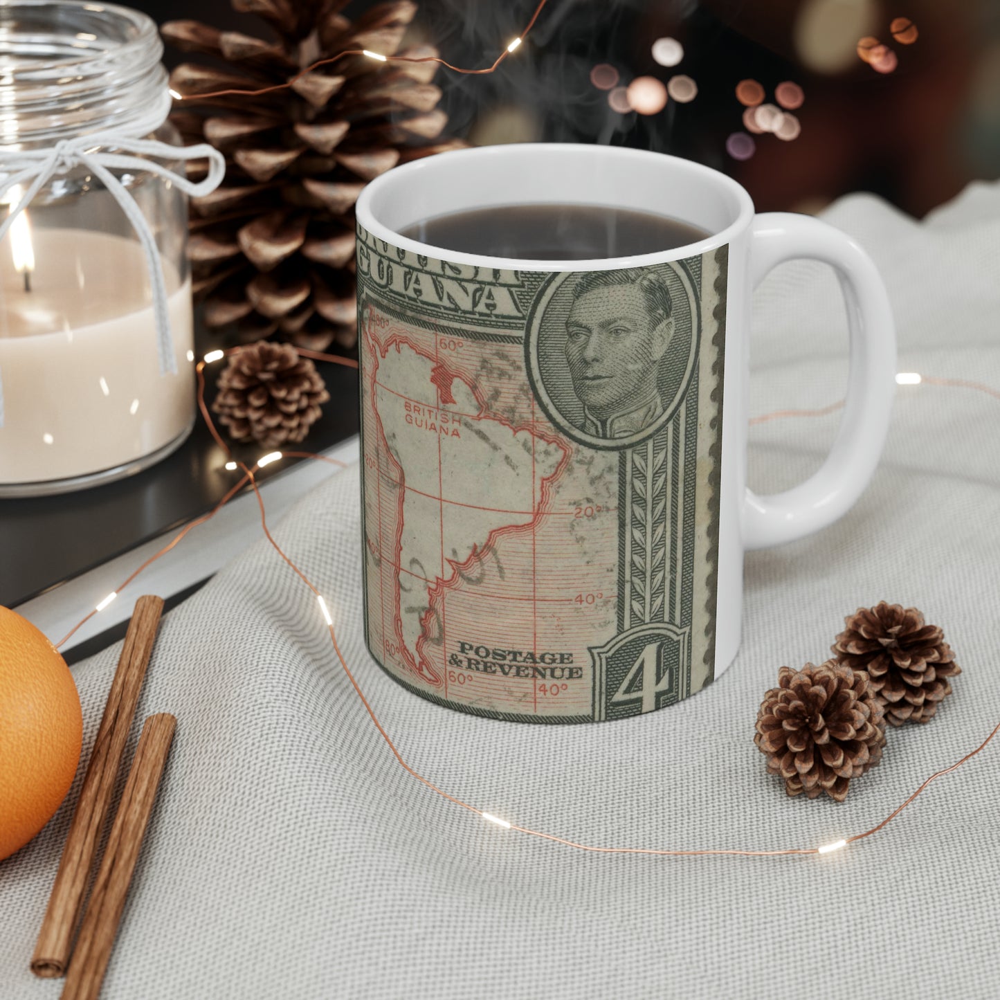 Frimärke ur Gösta Bodmans filatelistiska motivsamling, påbörjad 1950.Frimärke från Brittiska Guiana, 1938. Motiv av Sydamerikas karta med Brittiska Guiana. Beautiful Novelty Ceramic Coffee Mug 11oz