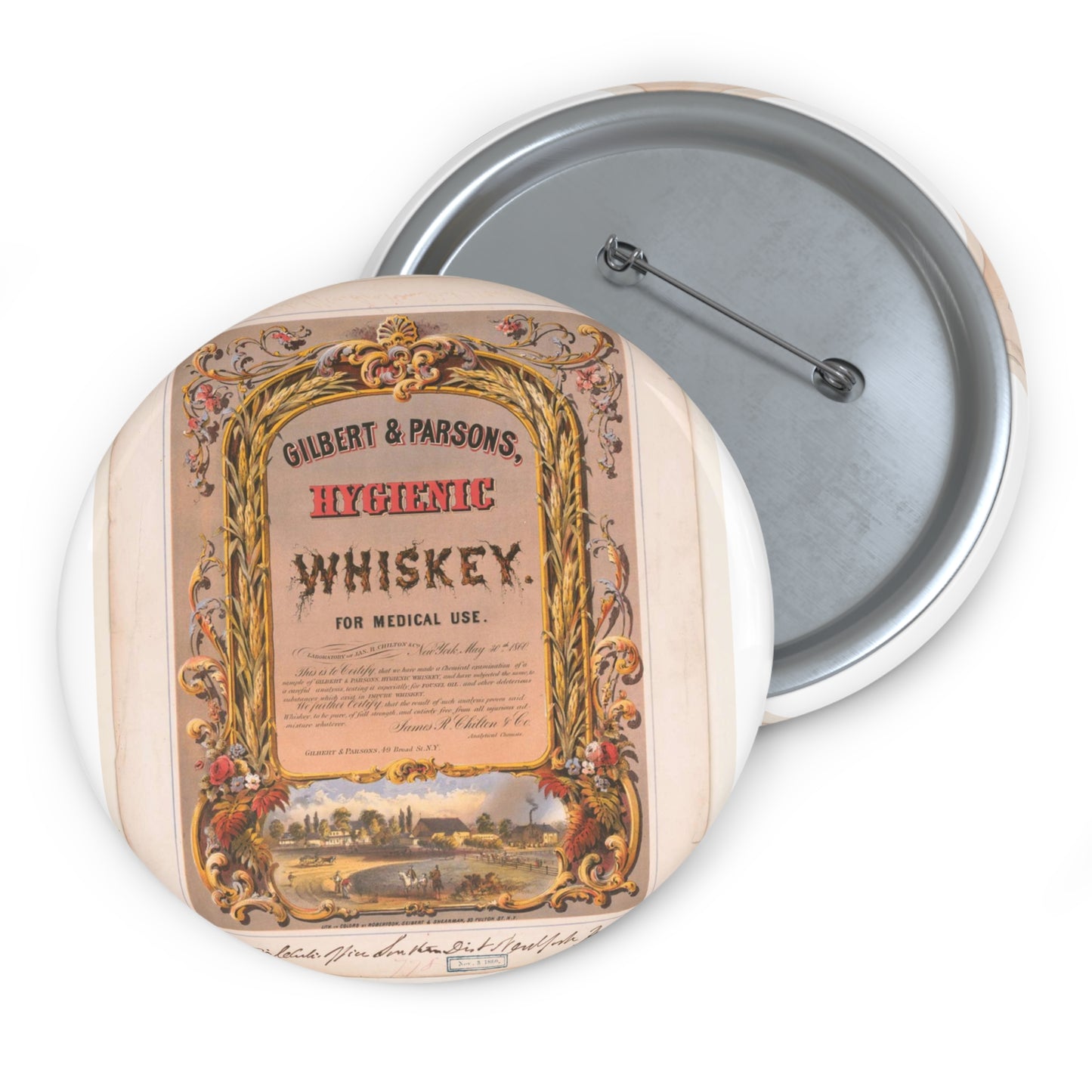 Gilbert & Parsons, hygienic whiskey--for medical use / lith. in colors by Robertson, Seibert & Shearman, N.Y. Pin Buttons with Crisp Design