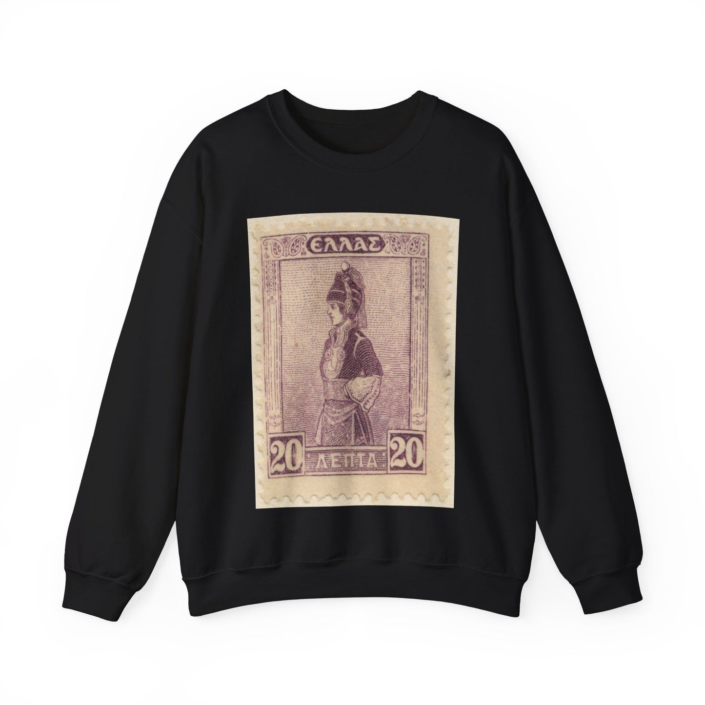 Frimärke ur Gösta Bodmans filatelistiska motivsamling, påbörjad 1950.Frimärke från GRekland, 1927. Motiv av Mecedonisk dräkt. Black Heavy Blend Adult Crew Neck SweatShirt