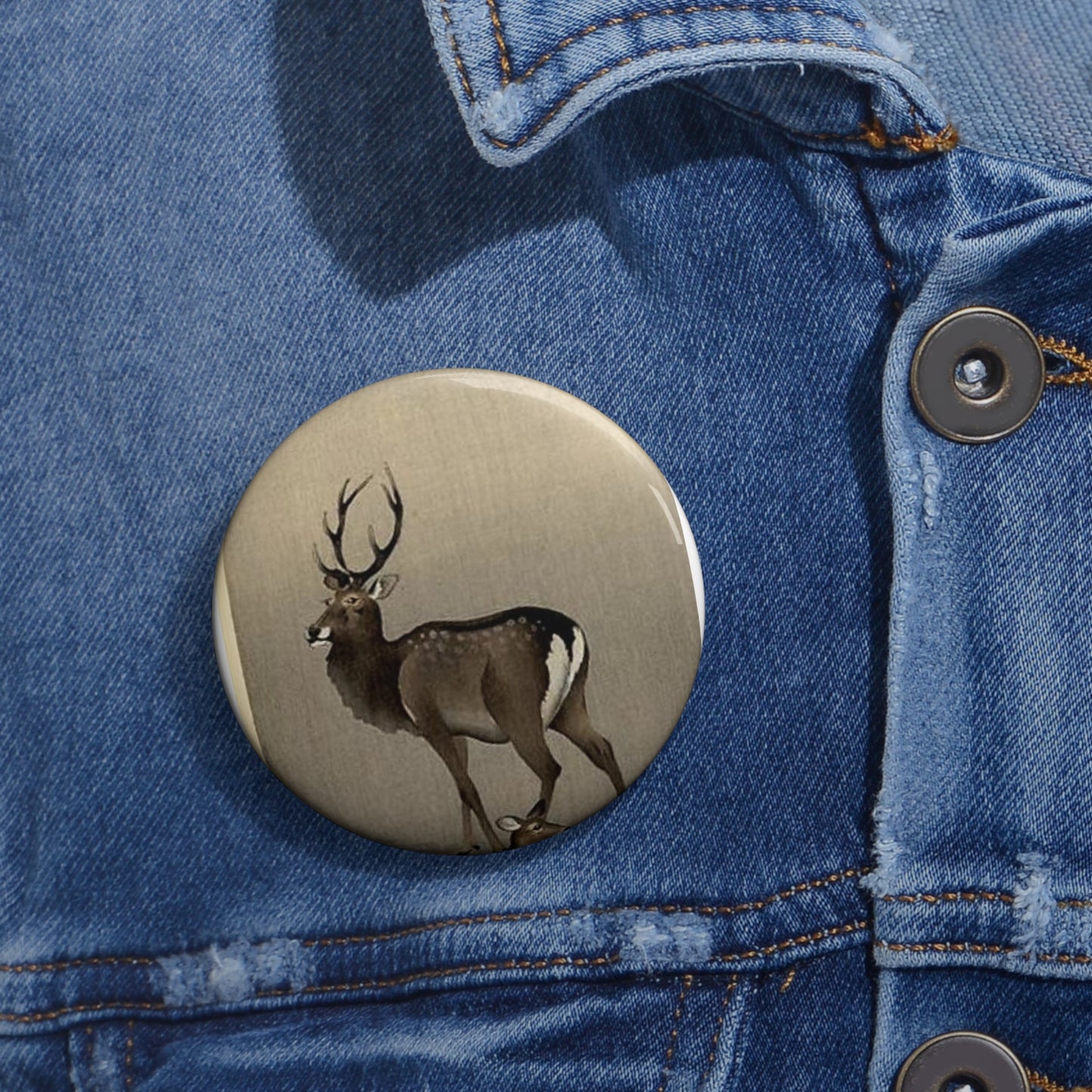 Koson - stag-and-recumbent-doe, Ohara Koson Pin Buttons with Crisp Design