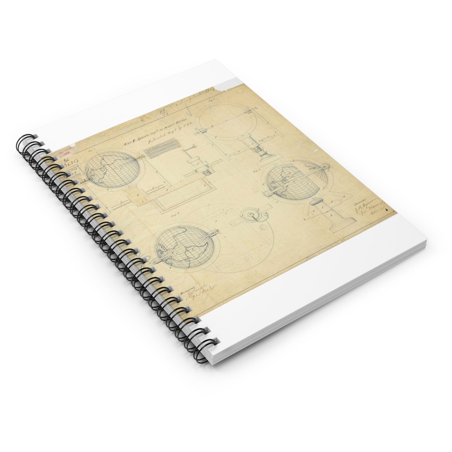 Patent drawing - Drawing of an Improvement in School Globes Public domain  image Spiral Bound Ruled Notebook with Printed Cover
