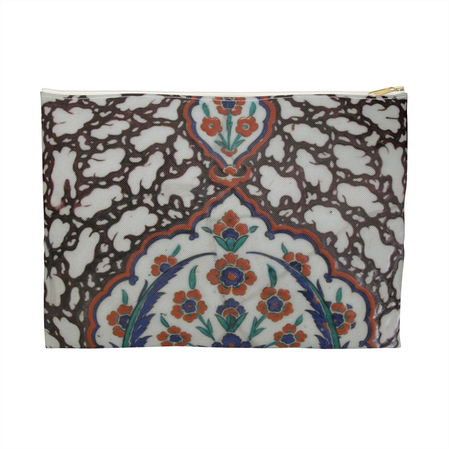 Tile with Floral Cartouche Design on Ebru (Marble Imitation Pattern) Background Large Organizer Pouch with Black Zipper