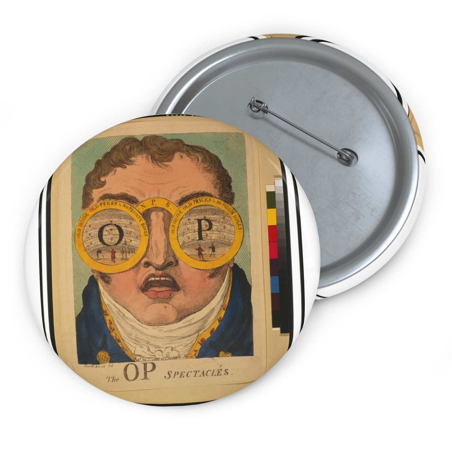 The OP spectacles / Cruikshank del., British Cartoon Print Pin Buttons with Crisp Design