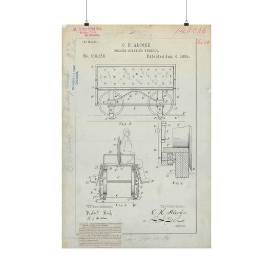 Patent Drawing of Engine - for C. H. Alcoke's Roller Coasting Vehicle Public domain  image High Quality Matte Wall Art Poster for Home, Office, Classroom