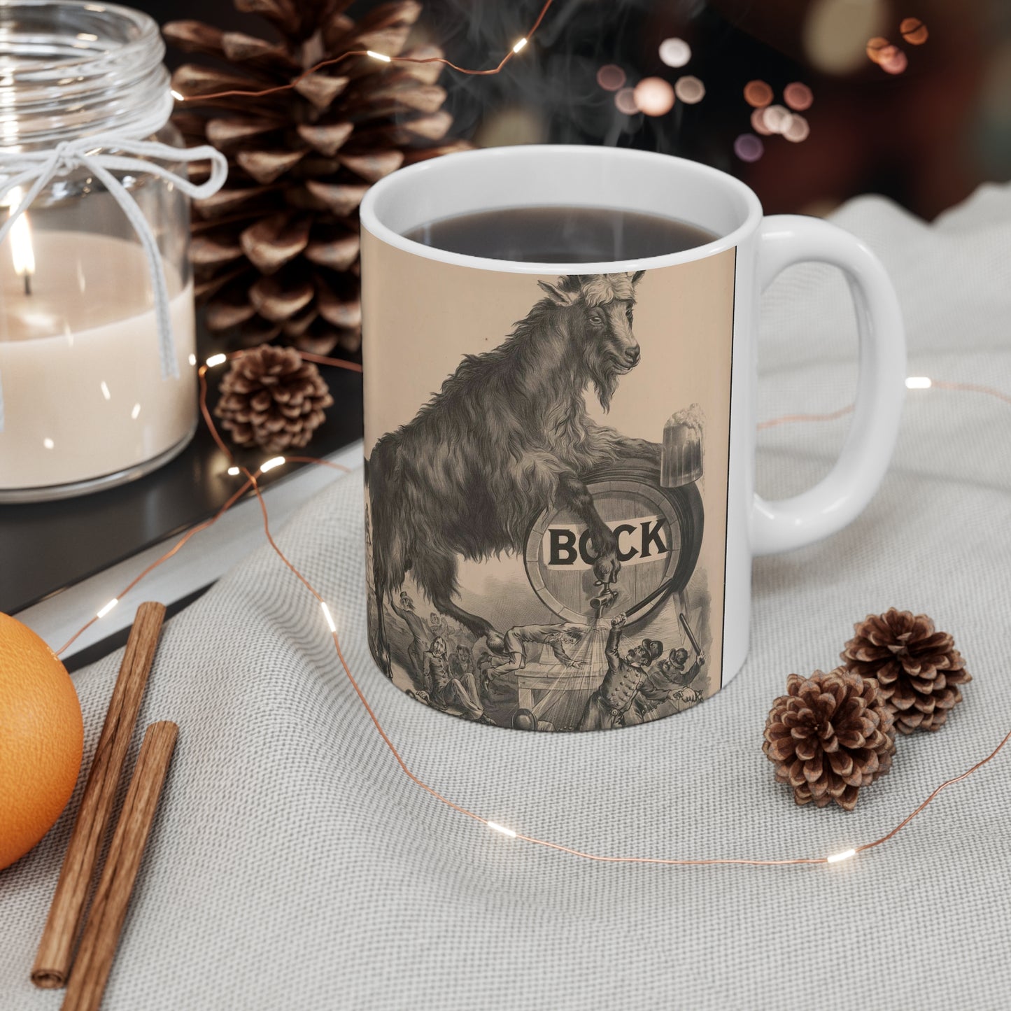 Giant bock goat resting on a keg, holding a mug of beer, men under the goat scrambling Beautiful Novelty Ceramic Coffee Mug 11oz