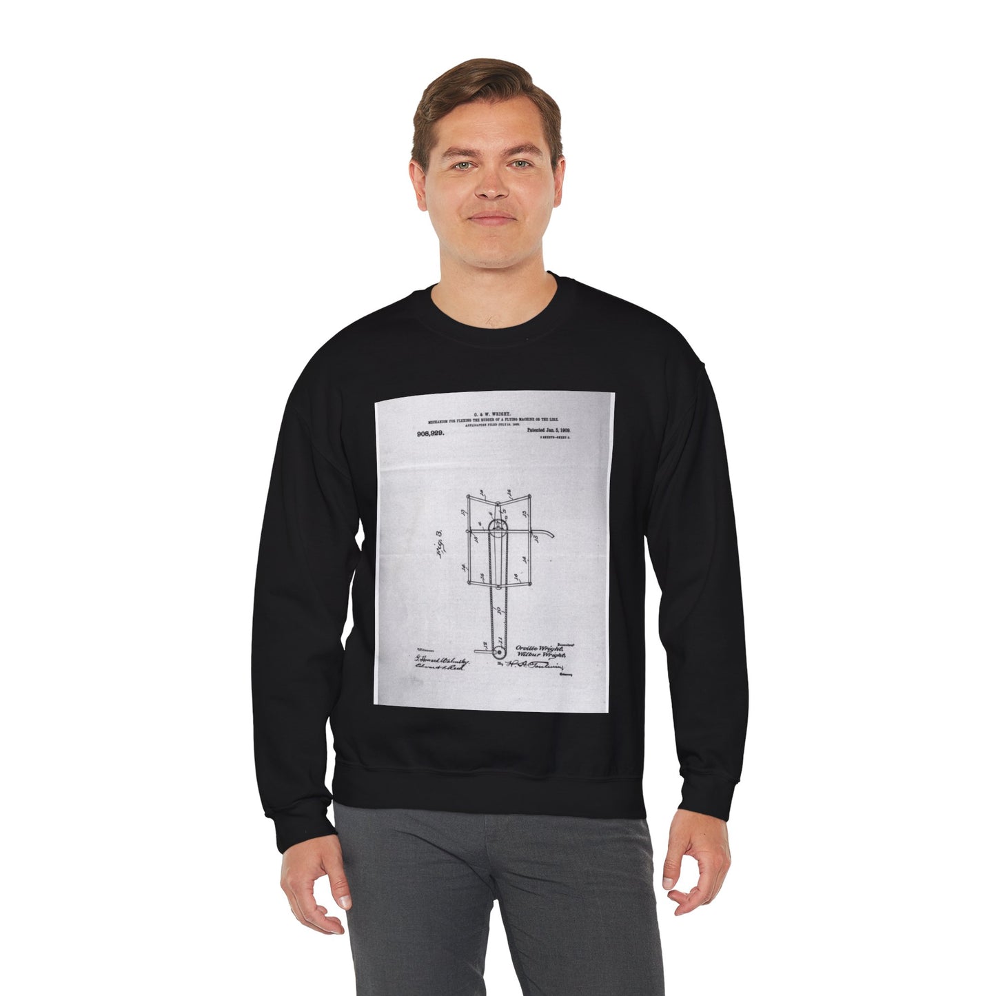 Patent drawing - Subject File:  Patents--By Wright Brothers--USA--filed 15 July 1908, patented 5 January 1909 Public domain  image Black Heavy Blend Adult Crew Neck SweatShirt