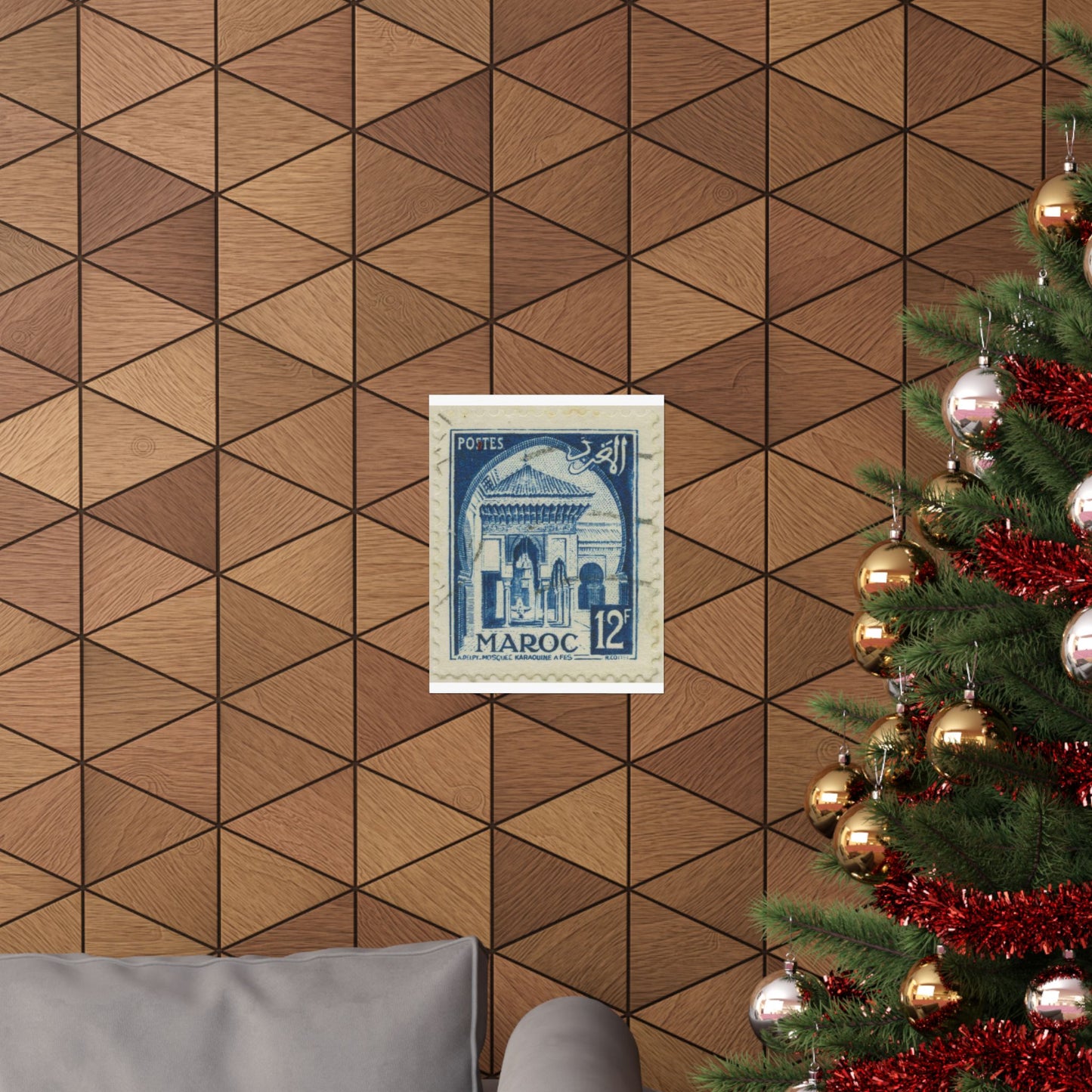 Frimärke ur Gösta Bodmans filatelistiska motivsamling, påbörjad 1950.Frimärke från Franska Marocko, 1951. Motiv av moskéen Karaouin. High Quality Matte Wall Art Poster for Home, Office, Classroom
