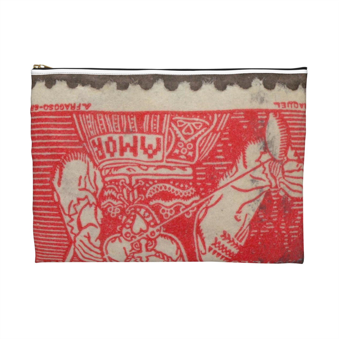 Frimärke ur Gösta Bodmans filatelistiska motivsamling, påbörjad 1950.Frimärke frånPortugal, 1941. Motiv av garnspinnande med slända. "Kvinna från Viana do Castelo". Large Organizer Pouch with Black Zipper