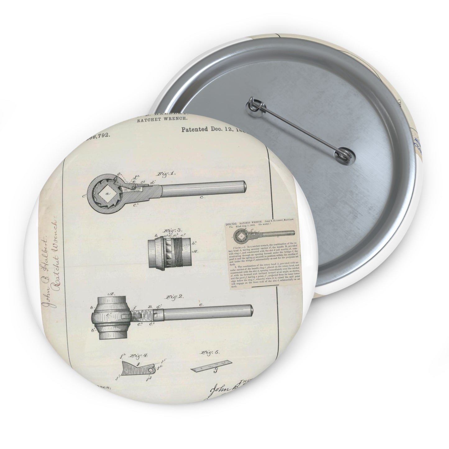 Patent Drawing of Engine - for J. B. Halbert's Ratchet Wrench Public domain  image Pin Buttons with Crisp Design
