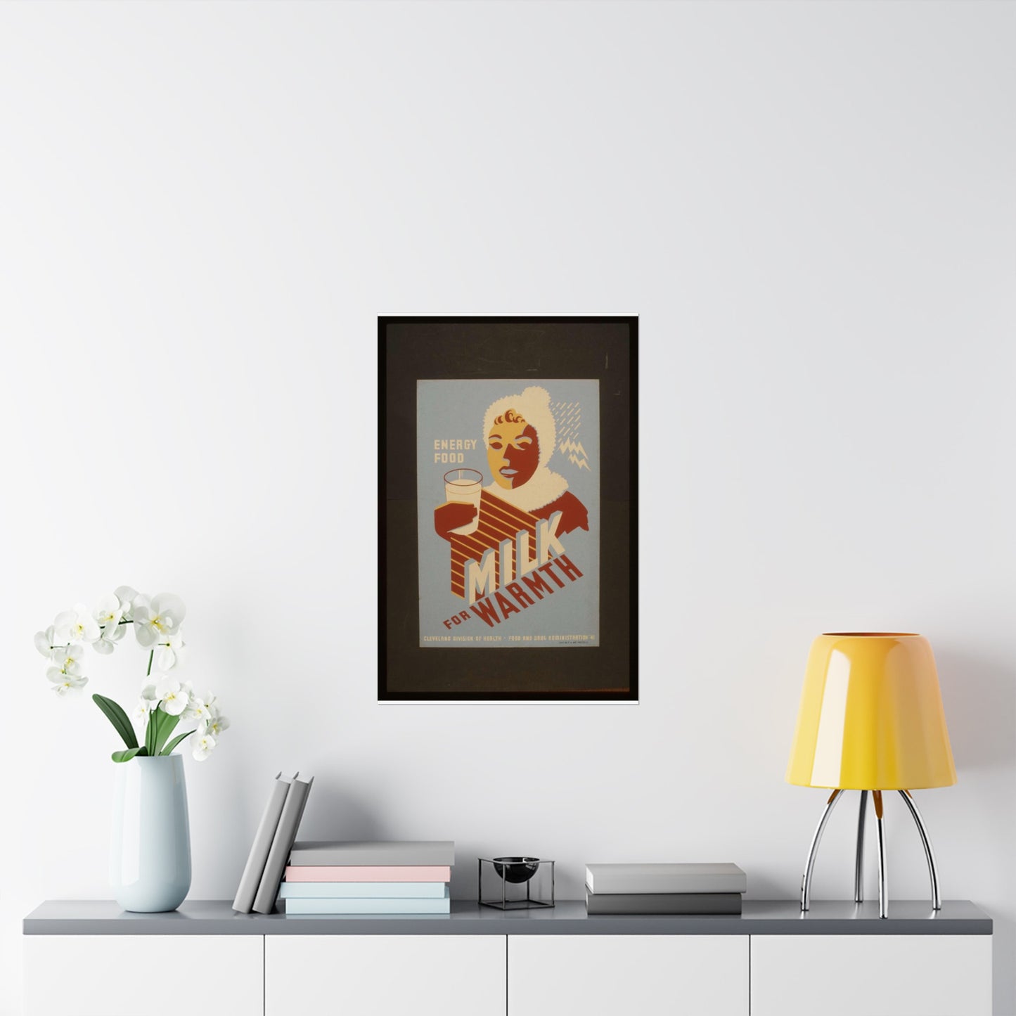 Milk - for warmth Energy food. - WPA poster, Public domain, Library of Congress High Quality Matte Wall Art Poster for Home, Office, Classroom